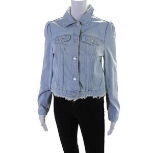 Oo La La Womens Cotton Pearl Embellished Heart Buttoned Denim Jacket Blue Size S